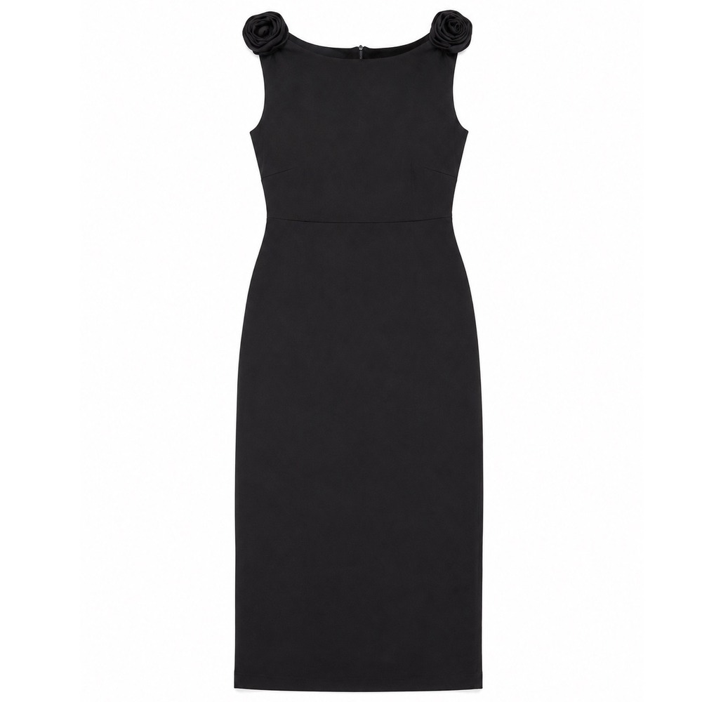 Maacie Black Sheath Dress Rosette Shoulder Ruched Back Midi Cocktail Formal M